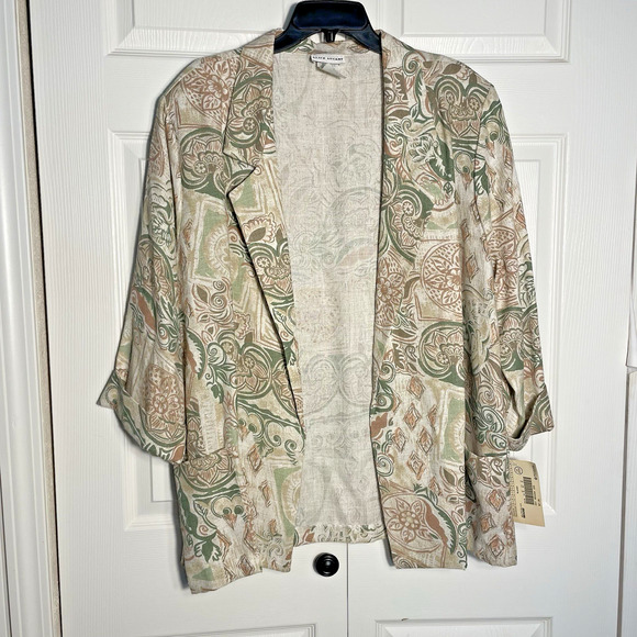 Vintage 80s Alice Stuart Blazer Women 20W Beige Green Floral Open Front Pockets - Picture 1 of 13